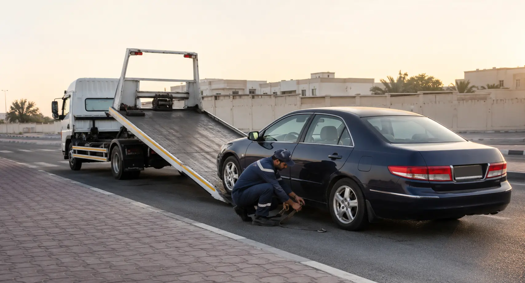 Recovery operator preparing a disabled sedan for flatbed transport in Sharjah