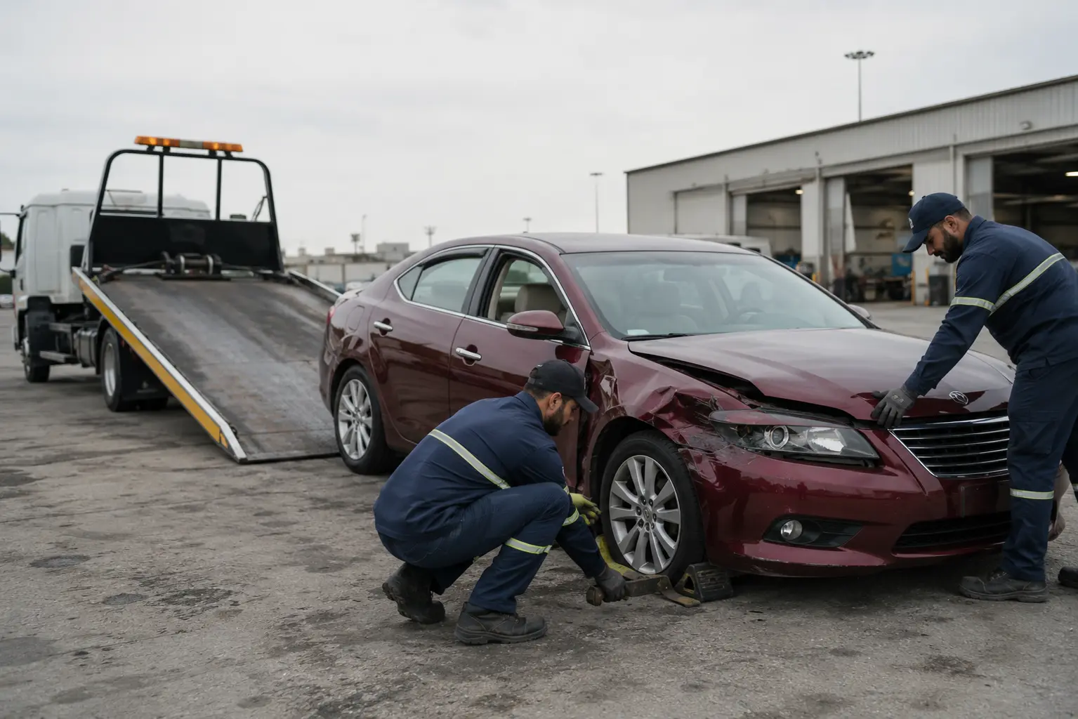 Recovery team preparing a collision-damaged sedan for controlled flatbed loading in Sharjah