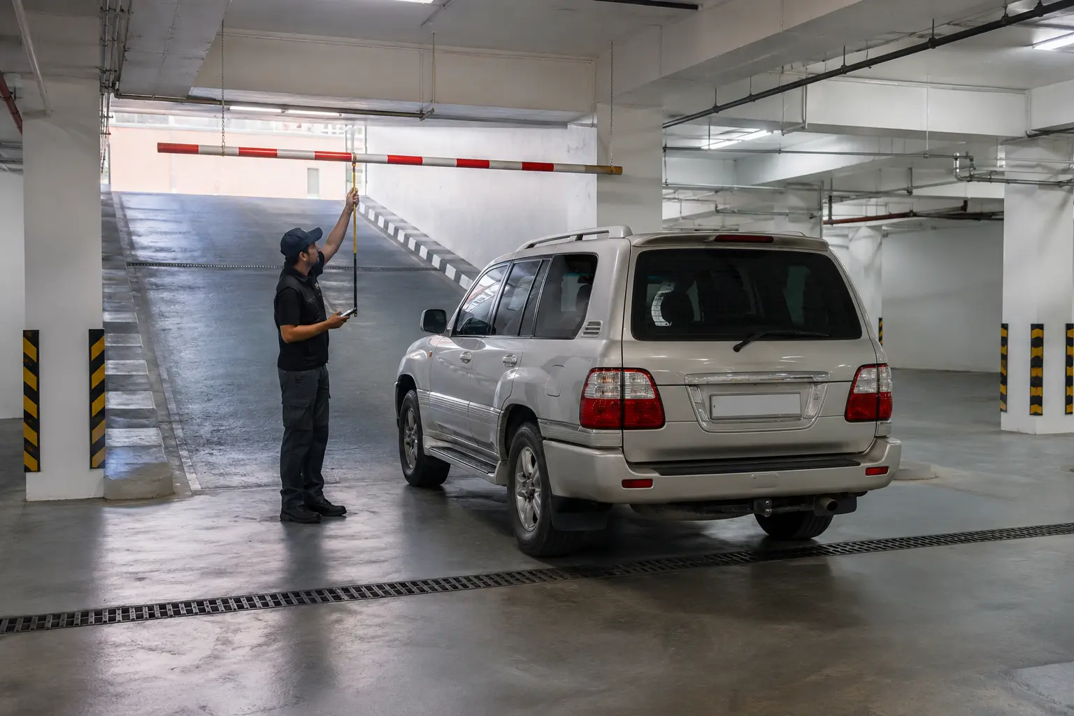 Recovery technician measuring basement clearance beside an immobilized SUV in Sharjah