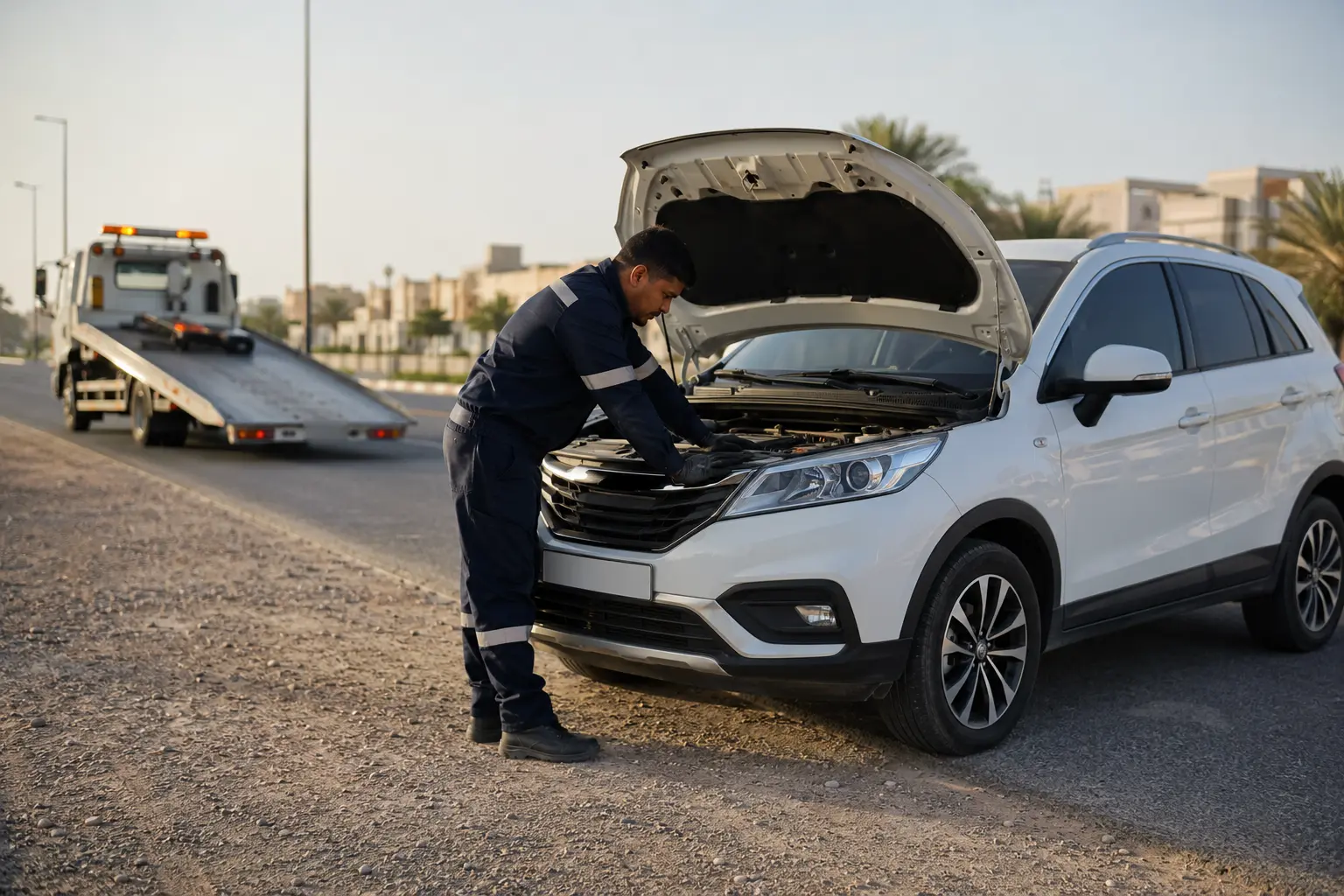 Recovery operator assessing a non-starting crossover at a safe Sharjah roadside location