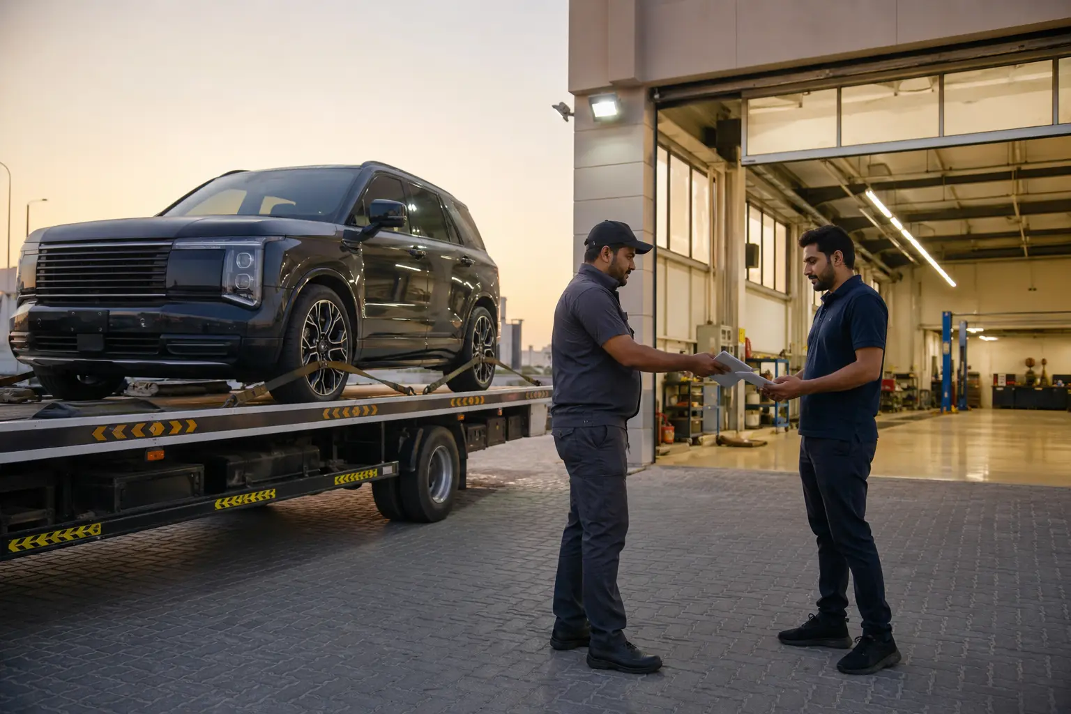 Recovery operator completing a vehicle handover at a Sharjah workshop